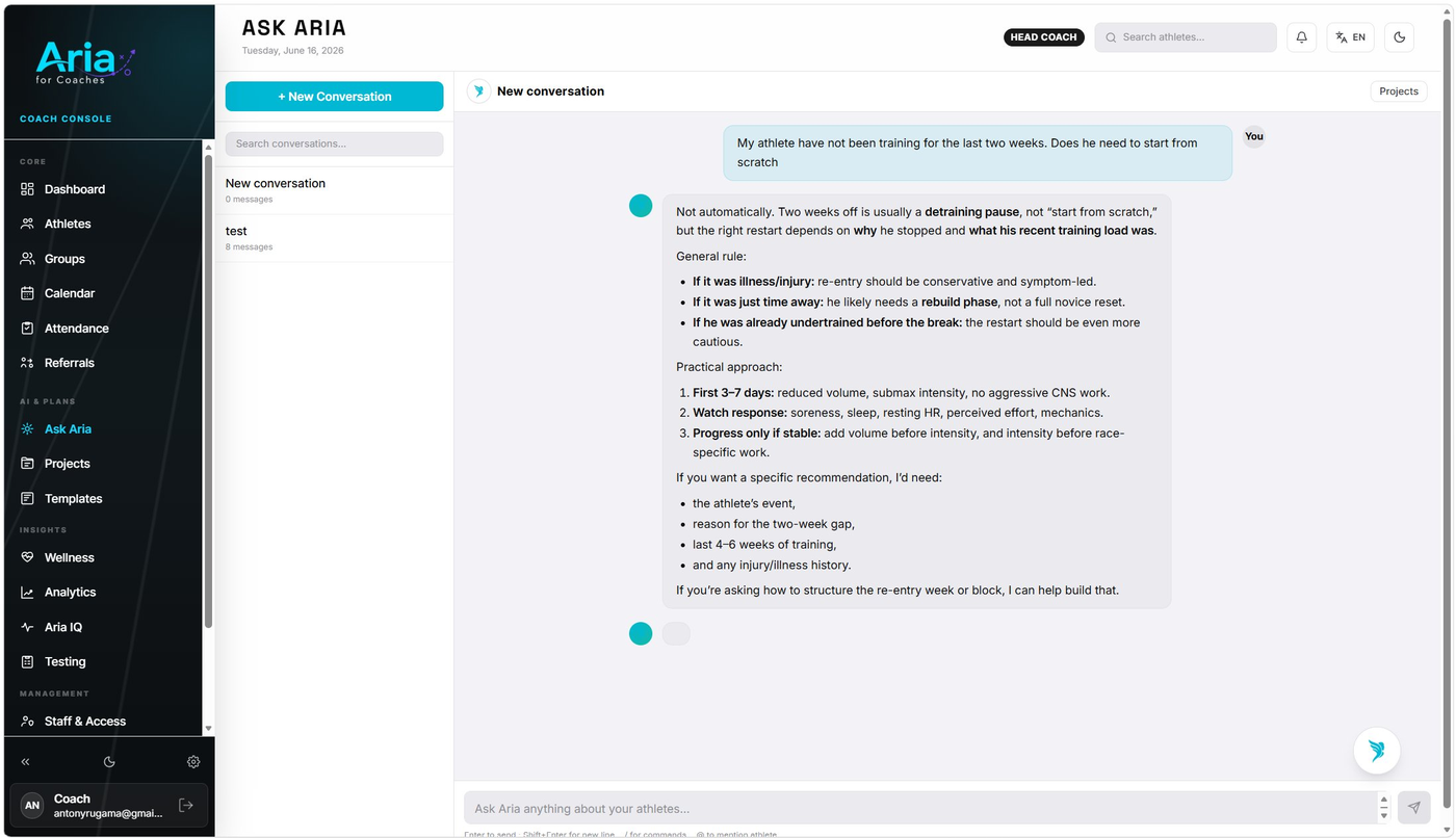 Ask Aria AI conversation showing detailed coaching response about athlete detraining