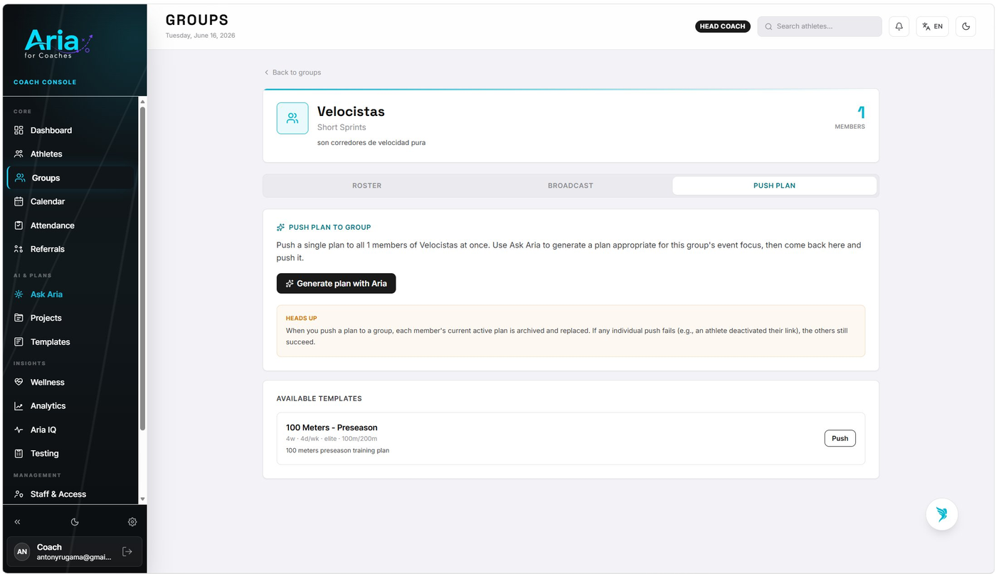 Training Groups with Push Plan feature and Generate with Aria