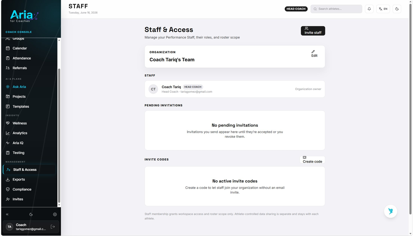 Staff and Access page showing organization, roles, and invite codes